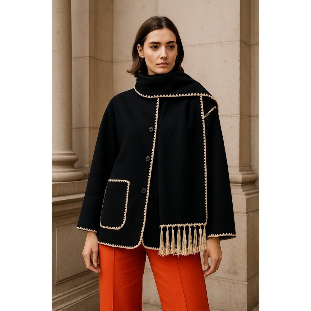 Commense Contrast Trim Jacket With Matching Scarf black size XS